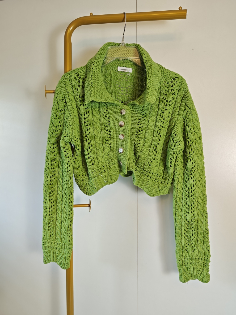 Retro Cropped Openwork Button-Front Cardigan in Lime Green Large